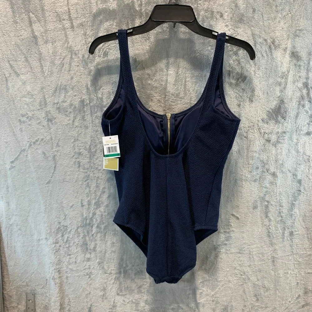 Michael Kors Womens Midnight Blue Textured Zip Front One Piece Swimsuit Size 16
